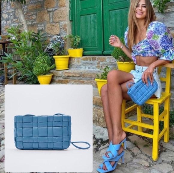 ZARA 100% Sheep Leather Quilted Crossbody Purse In Blue. NWT - Picture 1 of 16